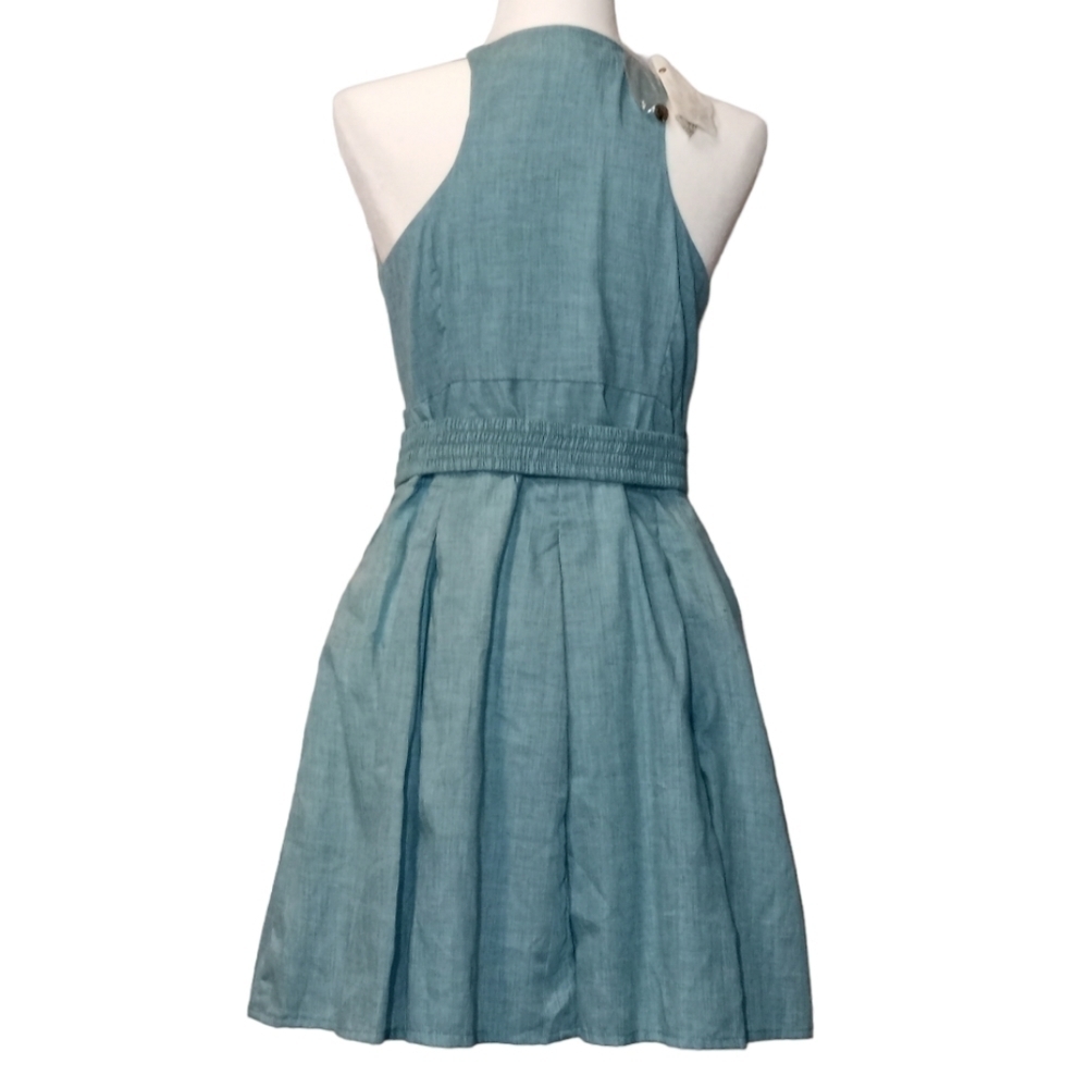 Nick & Mo Anthropologie button down blue/green shirt dress halter neck size S. - Picture 5 of 11
